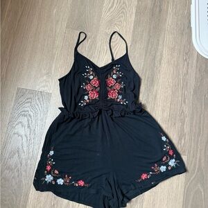 Floral Embroidered Black Romper